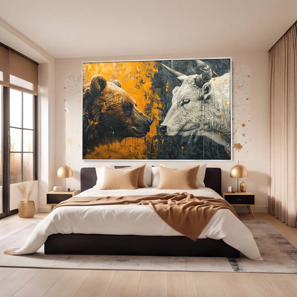 Tablou canvas cu tablou canvas cu urs si taur, in rama de aluminiu argintiu, pe perete intr-un dormitor
